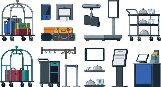 Hotel Bellhop Luggage Cart and Reception Desk Service Icon Set with Baggage Scales Food Trolleys Directory Stands and Key Scanners for Hospitality Vector Designs