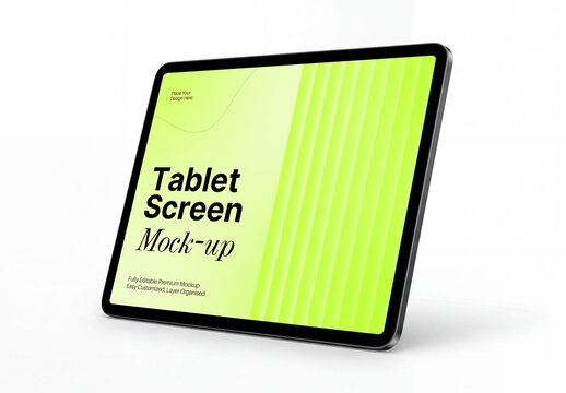 Tablet Screen Mockup on White Background, Perspective View