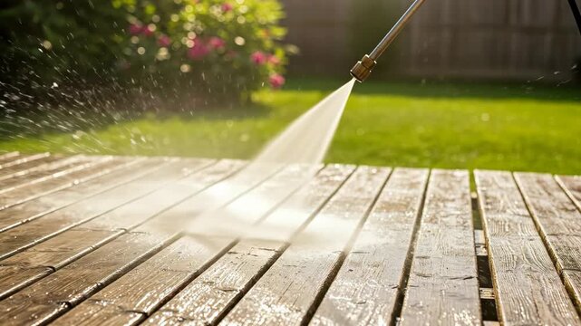 High-pressure water stream cleaning a weathered wooden deck on a sunny day.