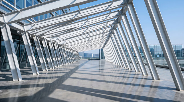 Modern architectural steel framework corridor under clear blue sky