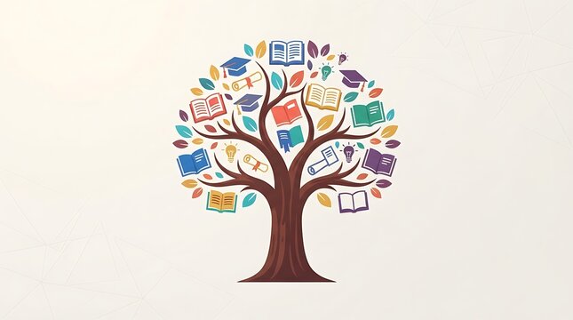 Knowledge tree with books and graduation caps illustration