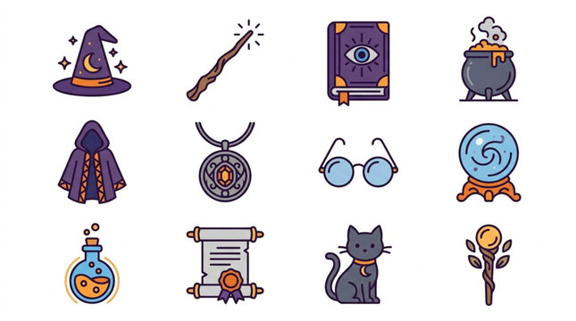 Colorful Witchcraft and Magic Icons Collection.