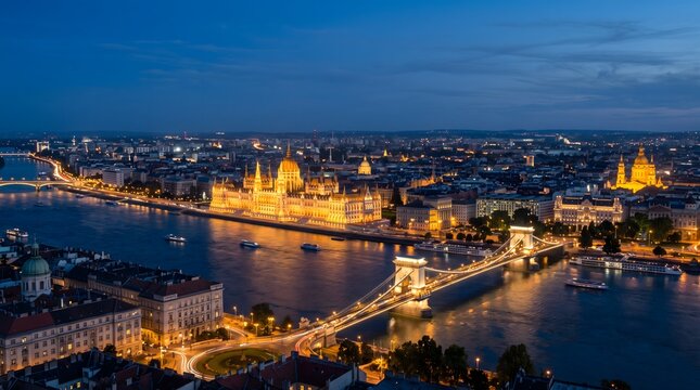 Budapest skyline at blue hour with Hungarian Parliament and Chain Bridge