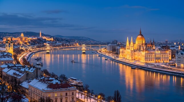 Budapest cityscape at blue hour with Hungarian Parliament and Danube in winter