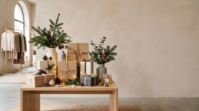 Wrapped Christmas gifts and evergreen branches on wooden table in beige interior