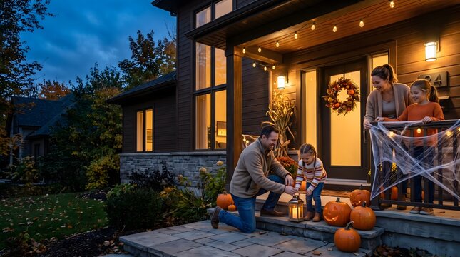 Family decorating house porch with pumpkins for Halloween at dusk in autumn