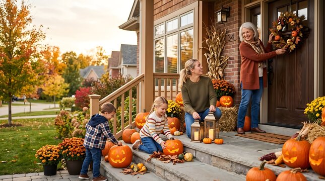 Family decorating suburban house porch with carved pumpkins and wreath in autumn