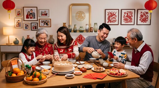 Chinese multi-generational family celebrating Lunar New Year together at home