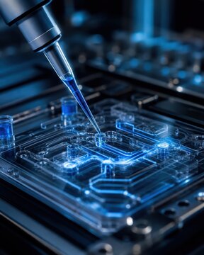 Biotech incubator robotic pipetting blue liquid into microfluidic chip