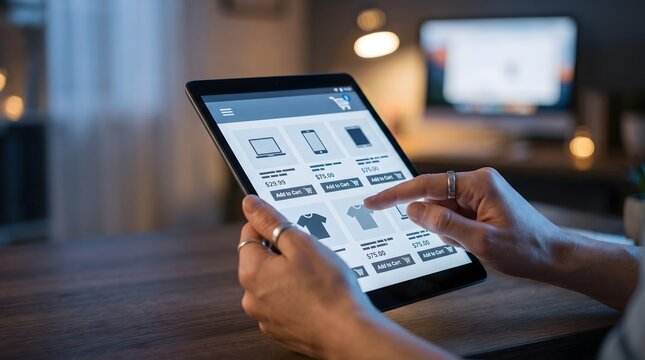 Person using digital tablet for online shopping on e-commerce website at desk