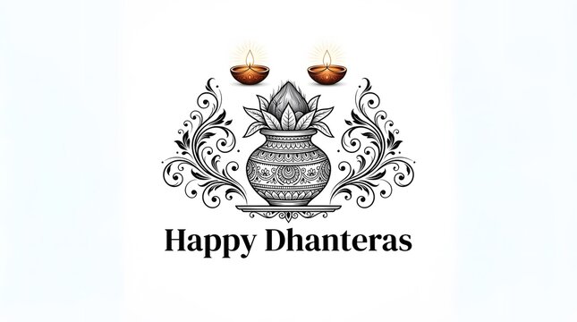 Happy dhanteras greeting card design with a traditional kalash pot, leaves, and two lit diyas, elegant black and white line art illustration