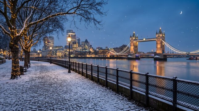 Tower Bridge and London skyline across River Thames in winter at blue hour