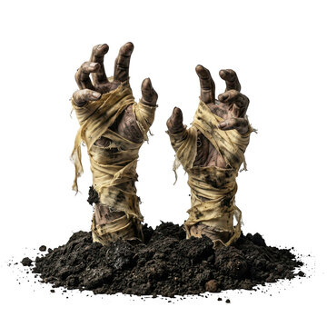 Two scary mummy hands rising from the dark soil