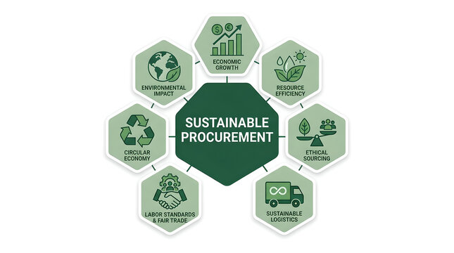 An infographic illustrating the key pillars and aspects of sustainable procurement, including environmental, social, and economic factors.