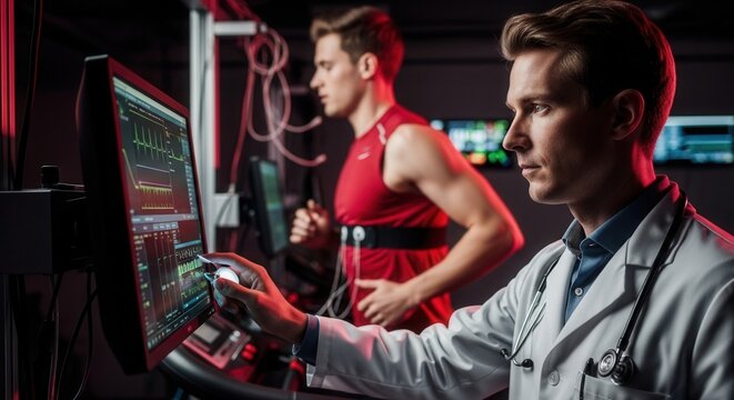 Doctor monitors athlete's heart rate and performance on treadmill during exercise stress test for health and fitness evaluation