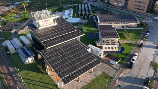 Multiple Solar Panel Technologies at a Renewable Energy Research and Innovation Facility in Florian&oacute;polis, Brazil. Aerial View.