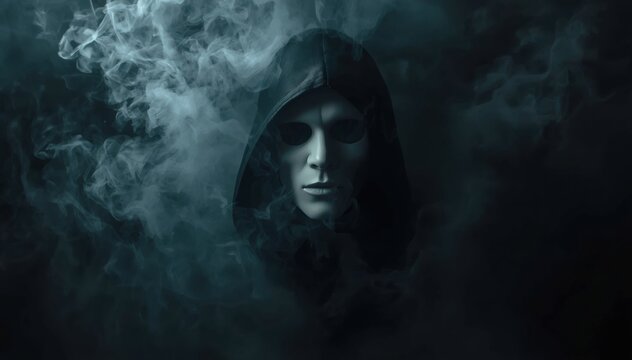 A mysterious figure wearing a white mask and black hood emerges from swirling smoke in a dark, eerie atmosphere.