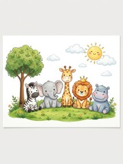 Fototapeta premium Cute Cartoon Safari Animals Illustration with Lion, Elephant, Giraffe, Zebra and Hippo for Nursery Decor