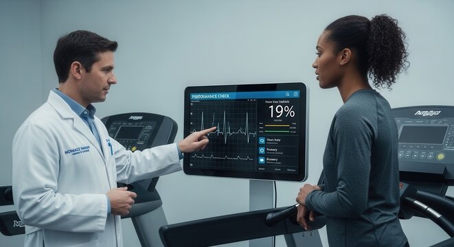 Doctor reviewing athlete's heart rate performance data on a digital screen during a fitness test on a treadmill.