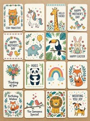 Fototapeta premium Collection of Cute Hand-Drawn Animal Greeting Cards and Stickers with Inspirational Quotes and Holiday Greetings for Kids