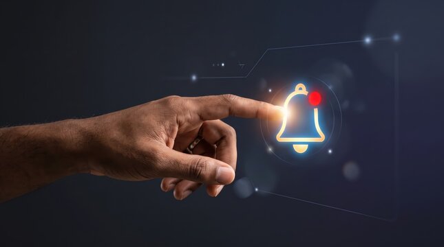 Male hand pressing glowing notification bell icon on virtual screen, representing alert system, social media updates, or message arrival, digital communication with cyber security