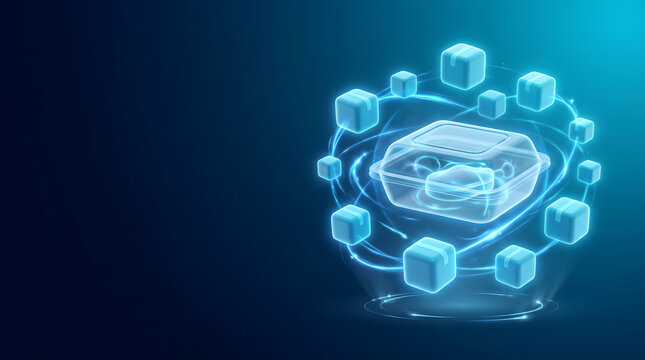 Food technology hologram with delivery icons representing online ordering systems
