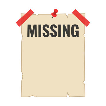 Missing person poster template with red tape and a push pin on old yellow paper Vector