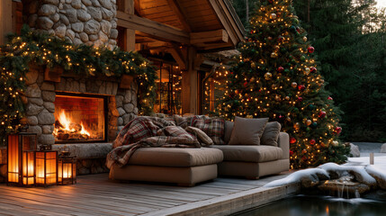 Obraz premium Luxurious Christmas forest cabin with cozy fireplace, festive lights, decorated tree, and snowy wooden deck create warm holiday atmosphere