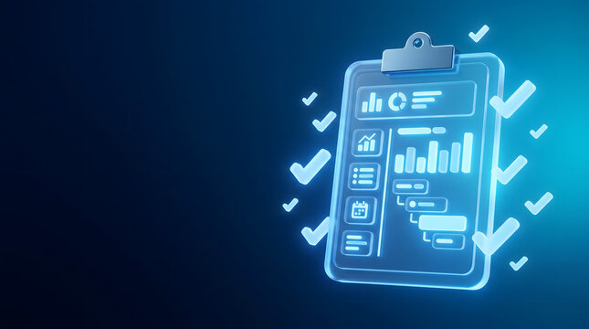 Digital project management clipboard hologram with checklist symbols for workflow tracking and task completion