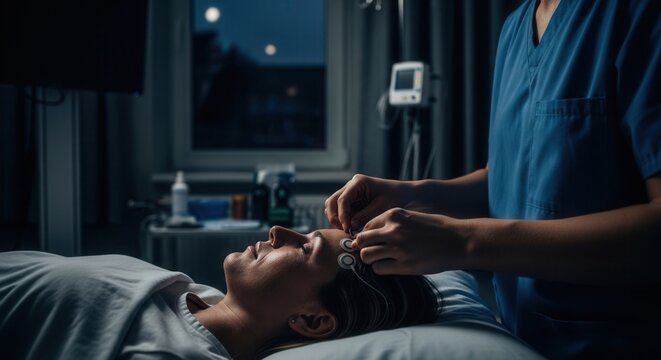 Medical procedure: Nurse attaches EEG electrodes to patient's head in dimly lit room, medical equipment in background, nighttime hospital setting.