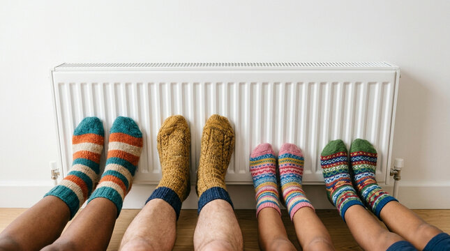 Family Feet Warming on Radiator in Wool Socks, Cozy Winter Home Concept on White Background