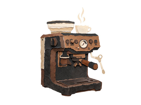 Espresso Machine Ripped Paper Craft Illustration Transparent Image. Torn Paper Collage Coffee Concept Design