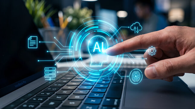 A hand interacting with a glowing AI interface on a laptop keyboard, symbolizing artificial intelligence and digital innovation.