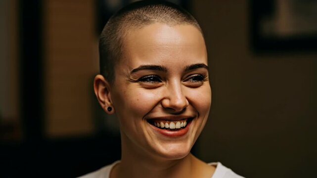 Joyful young woman with a buzzcut smiling genuinely indoors.