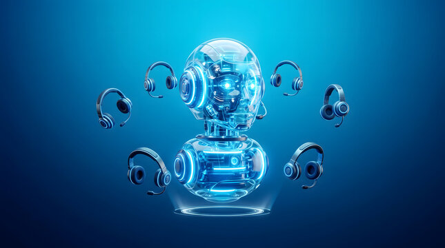 AI customer support robot hologram with headsets representing digital assistance, chatbot services, and automation