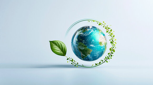 A digital globe surrounded by green leaves and vines symbolizing environmental protection and sustainability.