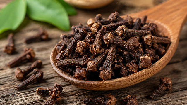 Dried clove spice in a wooden spoon on a rustic table with green leaves