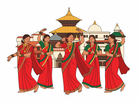 Four women in traditional red sarees carry a decorated palanquin during a cultural festival celebration.