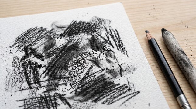Abstract Charcoal Sketch and Artist Drawing Tools on Textured Paper with Pencil and Blending Stump over a Light Wooden Background Surface