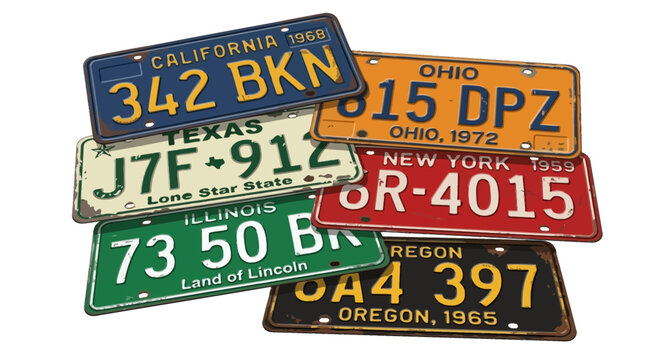 Collection of vintage American license plates from various states isolated on white background.
