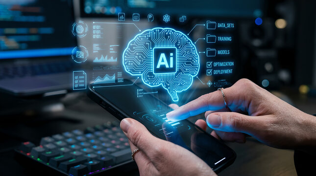Person interacting with a smartphone displaying an AI brain icon, symbolizing artificial intelligence and technology.
