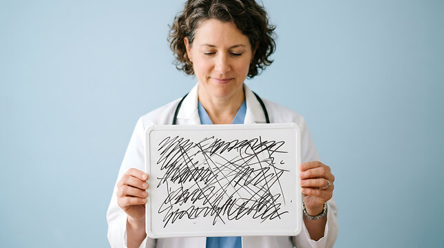 Female doctor holding whiteboard with messy scribbled notes