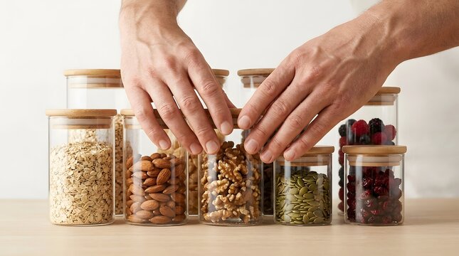 Hands arranging glass jars filled with healthy pantry staples and dried foods.