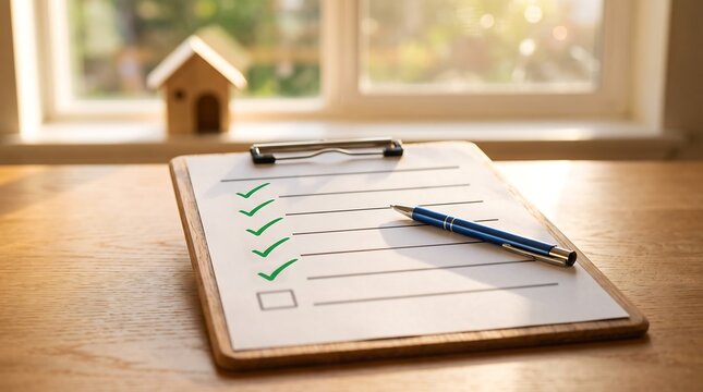 Professional real estate checklist on wooden desk with miniature house model in background representing home inspection property purchase and successful mortgage approval process