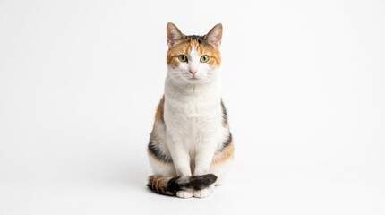 calico cat sitting calmly and looking at the camera