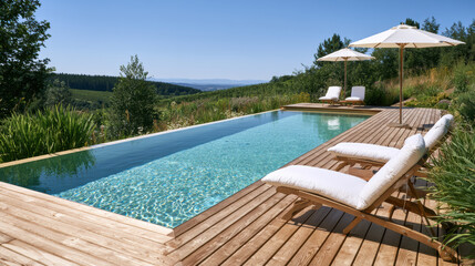 Obraz premium Natural swimming pool with wood deck, clear water, sun loungers, white umbrella, green landscape, summer, peaceful outdoor retreat