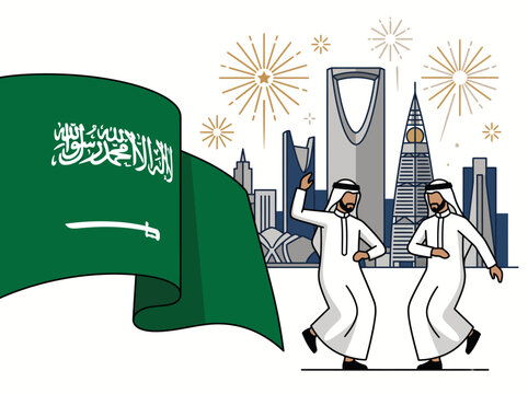Two men in traditional Saudi attire saluting beneath the national flag with fireworks and the Riyadh skyline in background.