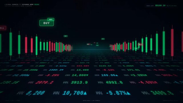 Financial stock market dashboard with candlestick charts. Digital trading data interface. Global economy and crypto exchange background.