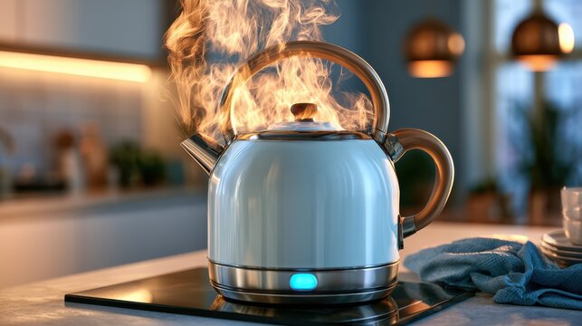 A modern electric kettle with steam rising, placed on a sleek stovetop in a cozy, warmly lit kitchen setting.