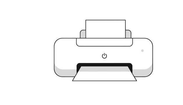 Modern white home office desktop printer with a sheet of paper loaded, shown as a clean vector graphic on a white background.